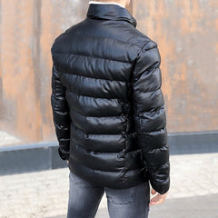 Schwarze Pufferjacke aus PU-Leder, mittellange Slim-Fit-Herrenjacke