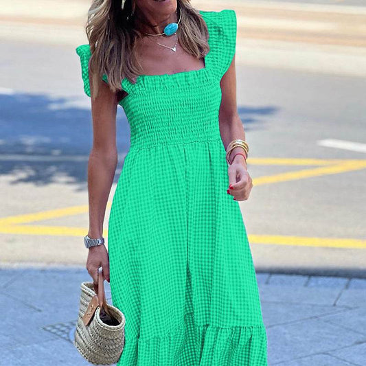 Fashionable Sleeveless Midi Plaid Dress - Mubimart