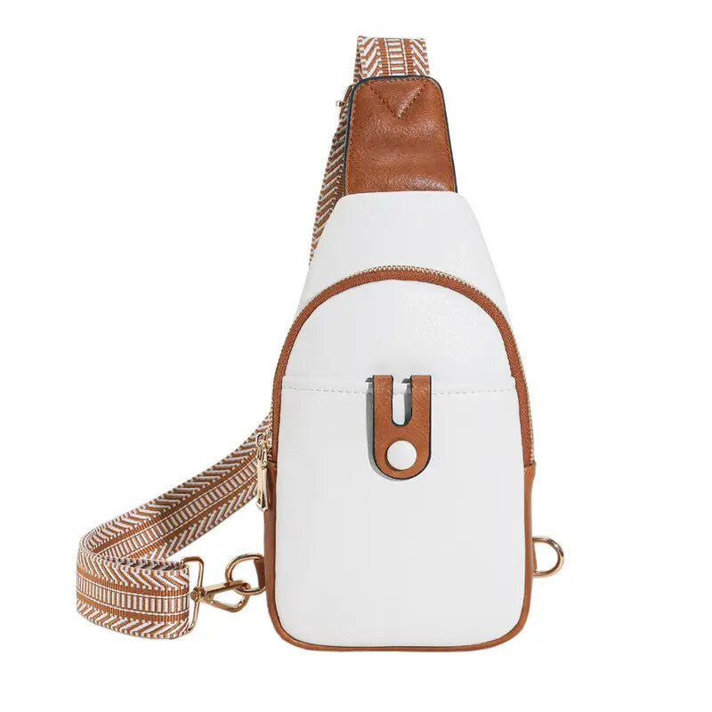 Schultertasche für Damen, Umhängetasche, Bauchtasche für Damen, Sling-Brusttasche aus Leder mit verstellbarem Riemen, Beige/Braun