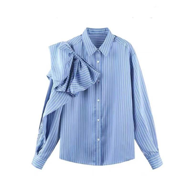 Casual Blue Striped Shirts For Women Lapel Long Sleeve Korean Bowknot Patchwork Blouses - Mubimart
