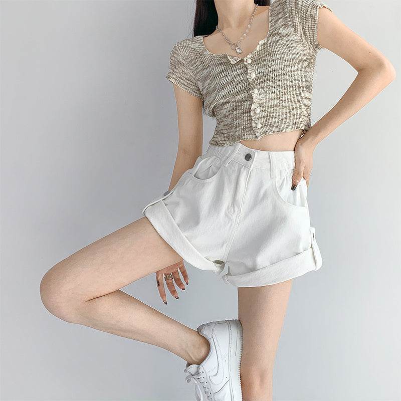 Fashionable Hot Girl Overalls Denim Shorts Women Rolled Hem - Mubimart