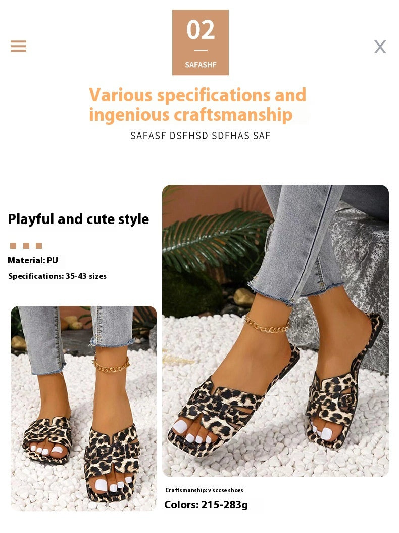 Leopard Print Square Head Women's Slipper - Mubimart -  