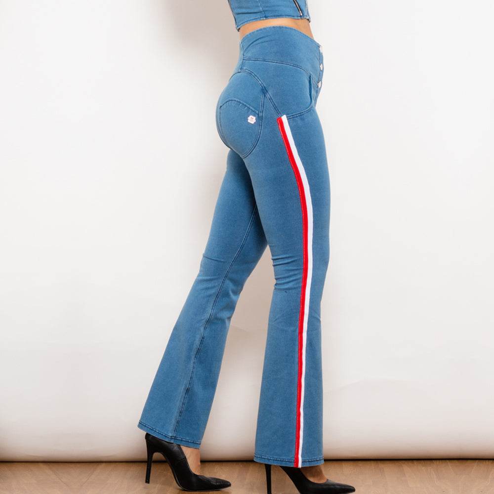 Shascullfites Melody Light Blue Striped Flared Lift Jeggings Button Up Butt Lift High Waist Flare Jeans Women Shaping Jeans - Mubimart
