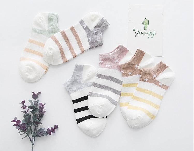 Star Stripe Breathable Low-cut Invisible Cotton Socks - Mubimart