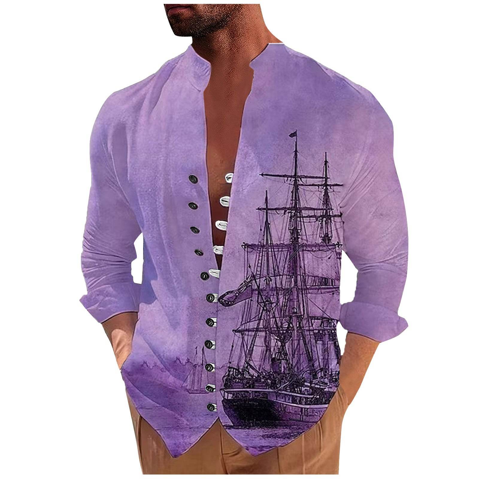 Men's Fashion 3D Vintage Print Sailboat Stand Collar Long Sleeve Button-down Shirt - Mubimart