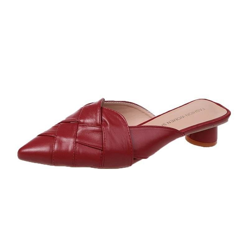 Pointed Soft Leather Sandals Women's Mid-heel Mules - Mubimart