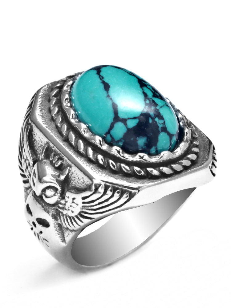 Vintage Turquoise Uil Ring Voor Mannen