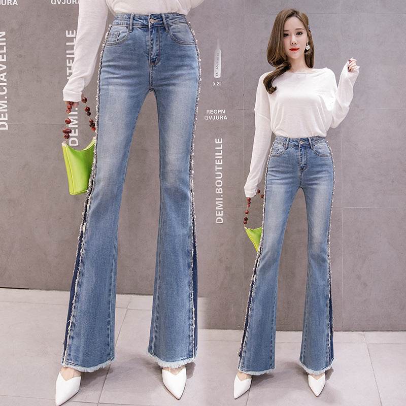Embroidery Beaded Fashion Flared Pants High Waist Slimming Jeans Women - Mubimart