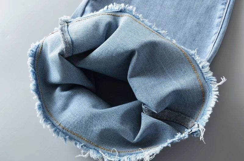 Autumn And Winter Fashion Small High Waist Raw Hem Jeans Retro Distressed Small Man Stretchy Wide-leg Slim Flare Pants - Mubimart