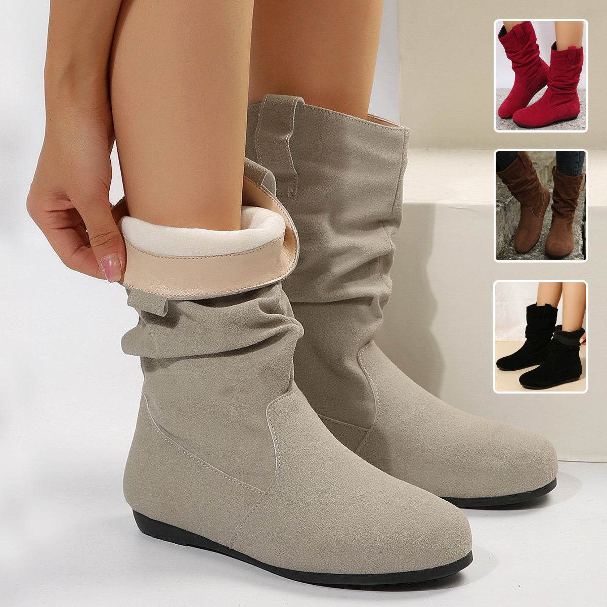 Round Toe Flat Boots Fashion Solid Color Suede Mid-calf Boot Winter Warm Shoes For Women - Mubimart
