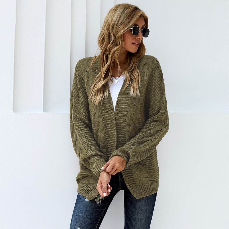 Cardigan Bat Long Sleeve Ribbed Knit Plus Size Cardigan - Mubimart