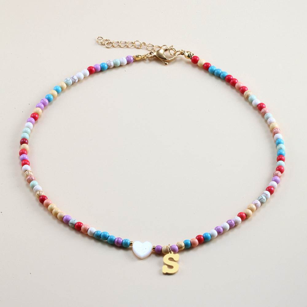 Colorful Beads Initial Choker For Women Stainless Steel Lett - Mubimart