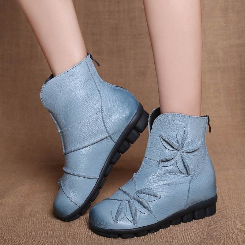 New Genuine Leather Mom Booties Women's Flat Bottom Comfort Ethnic Style Women's Boots - Mubimart