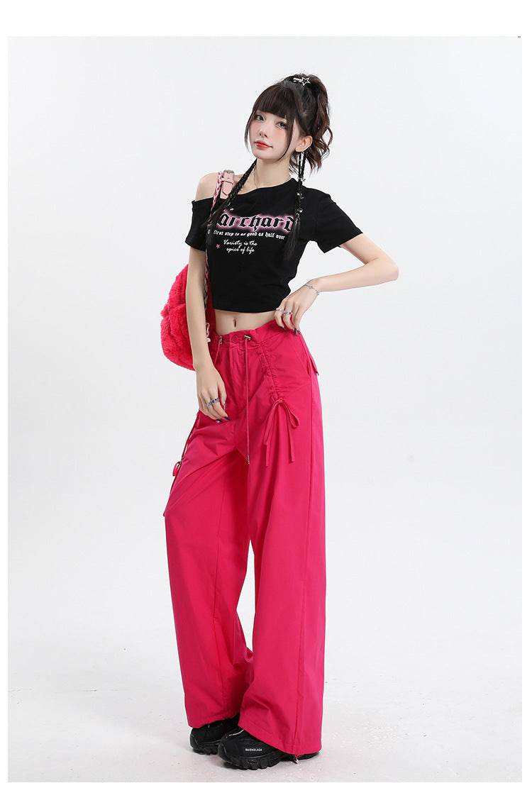 Straight Cargo Pants Women Bow Drawstring Wide Leg Track Pants - Mubimart