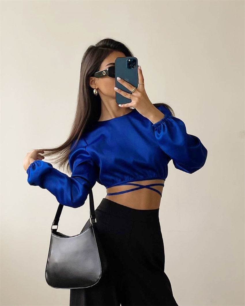 New Lace-up Backless Design Sense Short Section Sexy Navel Long-sleeved Tops Europe And The United States Women Blouses - Mubimart