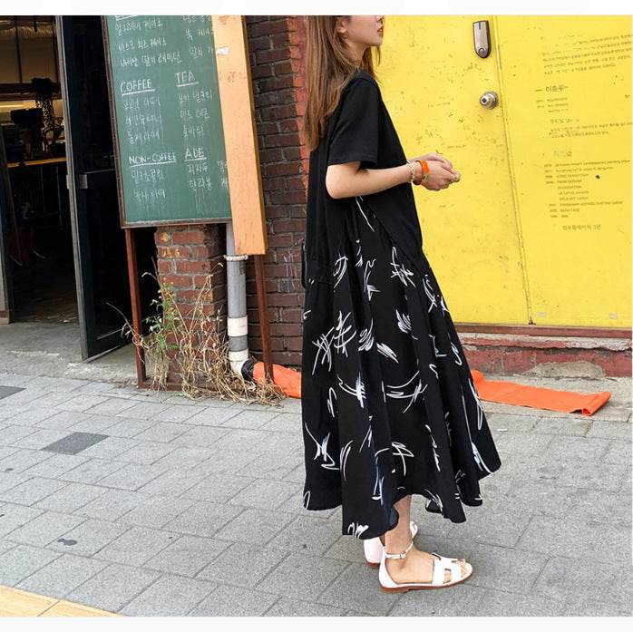 Summer Casual Plus Size Female Stitching Printing Dress - Mubimart