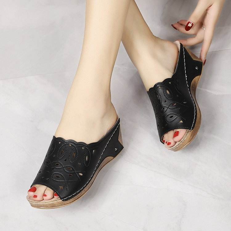 Women's Stylish Peep Toe Slip-on Wedge Sandal - Mubimart