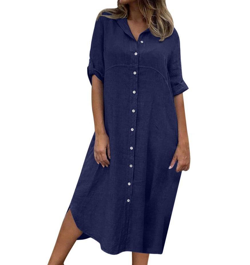 Plus Size Women's Cotton And Linen Shirt Dress - Mubimart