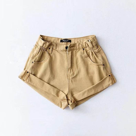 Fashion Five-color Elastic Waist Rolled Edge Denim Shorts Women - Mubimart