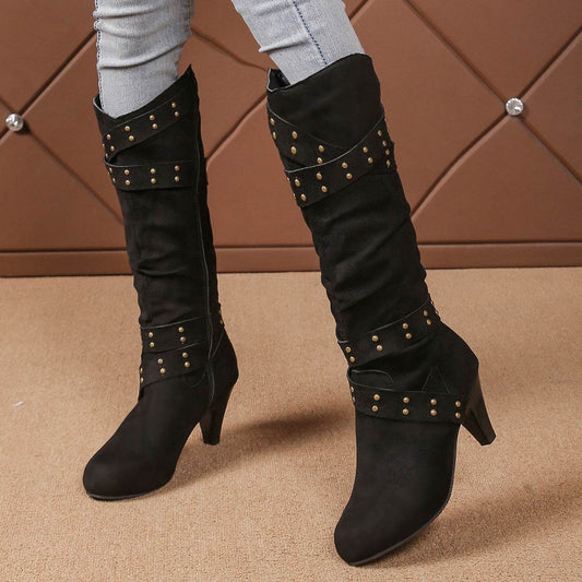 Fashion High Heel Boots With Cross-strap Rivet Design Retro V-cut Western Cowboy Boot Casual Zipper Shoes For Women - Mubimart