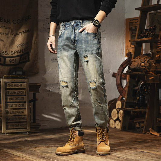 Vintage Distressed Jeans For Men's Slim Fit - Mubimart