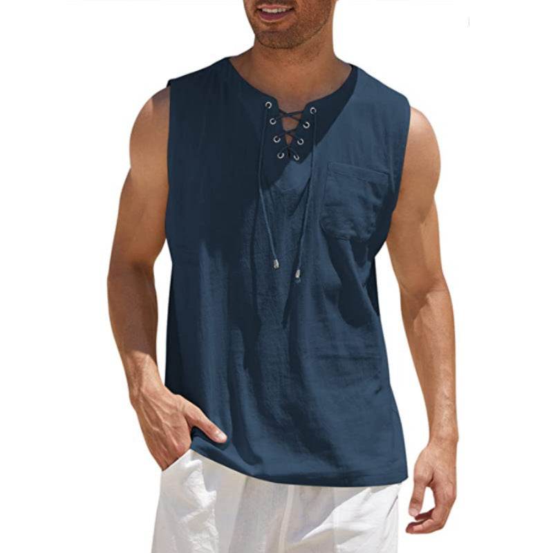 Summer Tank Vest Men Shirt Collar Tie Short Sleeve T-Shirt - Mubimart
