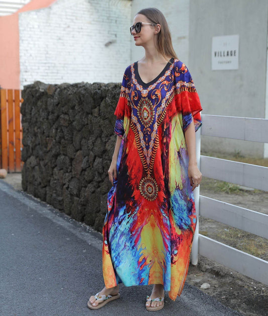Plus Size Kaftan Beach Cover-ups Loose Summer Maxi Dress - Mubimart