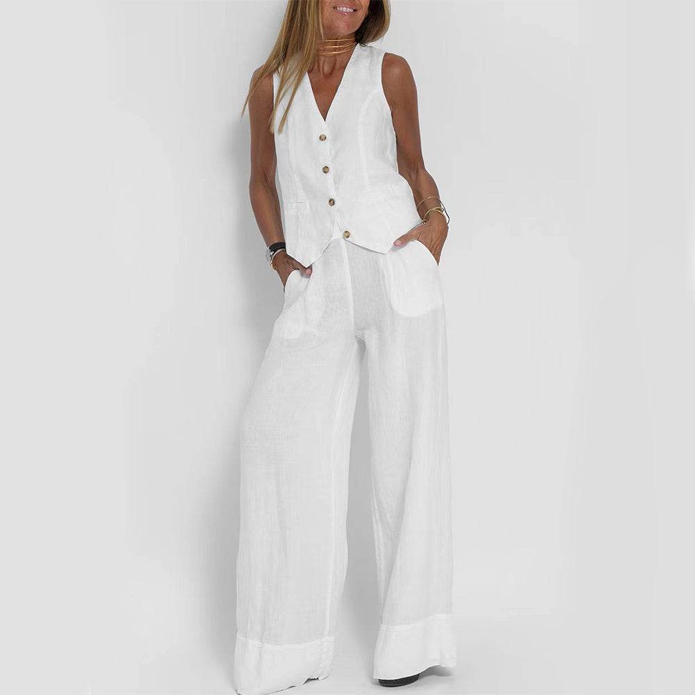 Summer Vest Suits V-neck Botton Sleeveless Top And Loose Straight Trousers Casual Womens Clothing - Mubimart