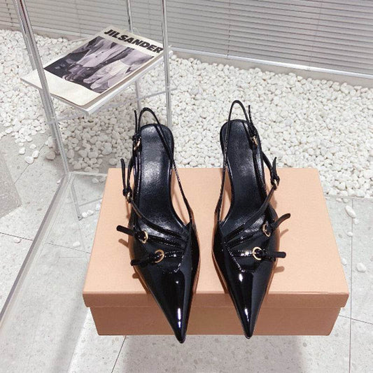 French Style Pointed Toe Kitten Heel Sandals Closed Toe Back Strap High Heels Belt Buckle - Mubimart