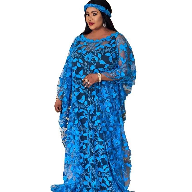Lace Embroidery Loose Plus Size Robe Including Headscarf Dress - Mubimart