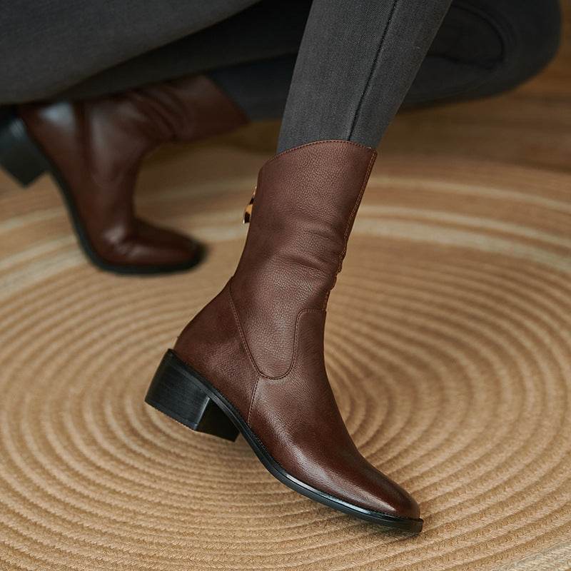 Women's Square Toe Pleated Western Cowboy Boots - Mubimart