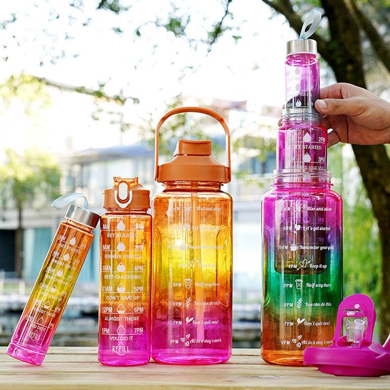 3-in-1 Gradient Color Motivational Water Bottles Set Plastic Straw Double Drink Translucent Outdoor Sports Bottle - Mubimart