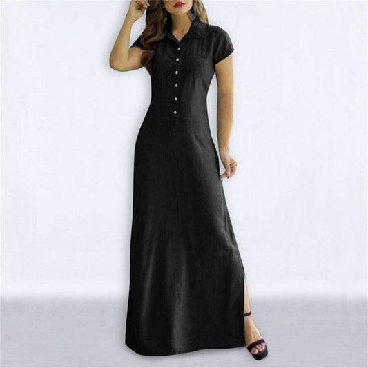 Shirt Collar Slit Pocket Large Swing Skirt Plus Size Denim Dress - Mubimart
