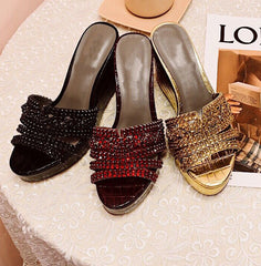 Fashion Wedge Heel Shiny Rhinestone  Slippers