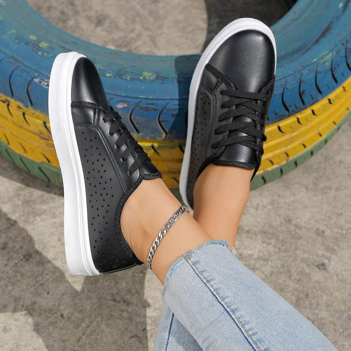 Cutout Flat Shoes Lace-up Hollow Out Walking Shoes For Women Loafers - Mubimart