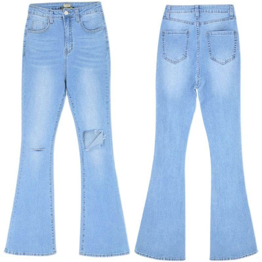 Irregular Hole Super High-rise Straight-leg Micro-flare Jeans - Mubimart
