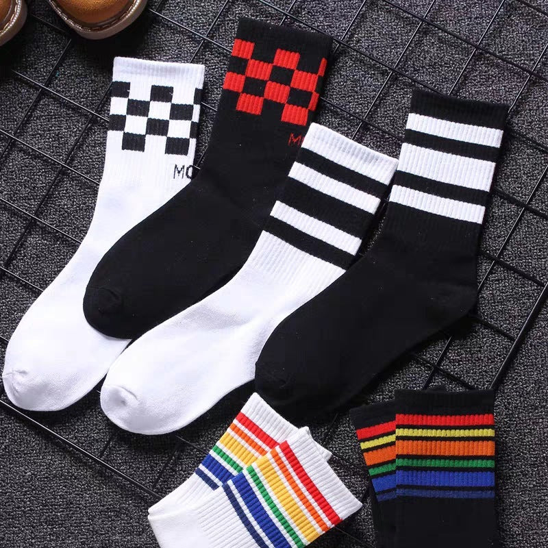 Trendy Pure Cotton Mid-calf Length Socks High-top Skateboard Basketball Socks Fashion Striped Athletic Socks - Mubimart -  