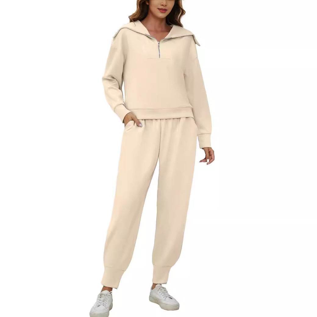 Long Sleeve Lapel Sweatshirt High Waist Workout Pants Two-piece Set - Mubimart