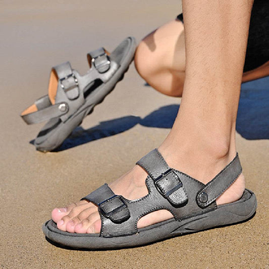 Double Breasted Leather Breathable Beach Sandals - Mubimart