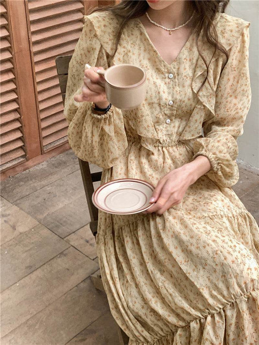 Retro Elegance Chiffon Midi Dress - Mubimart