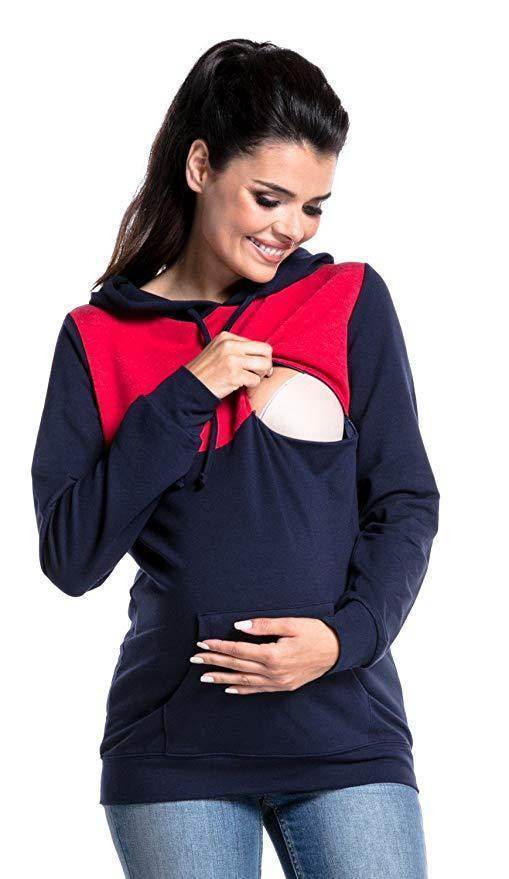 Hooded Colorblock Maternity Nursing Top Sweatshirt - Mubimart