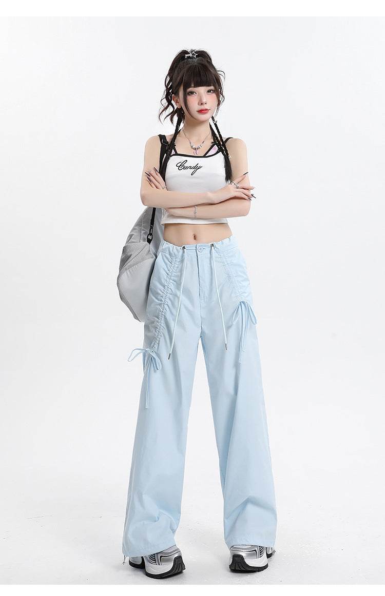 Straight Cargo Pants Women Bow Drawstring Wide Leg Track Pants - Mubimart