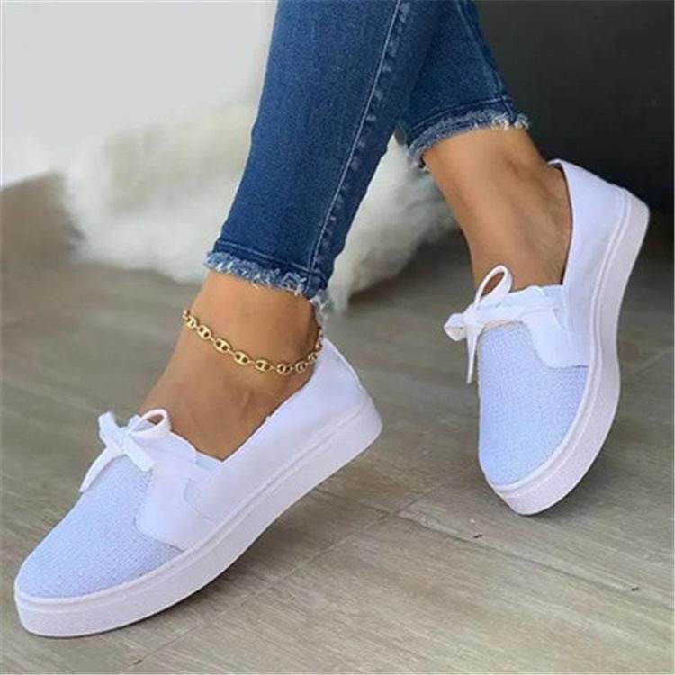 Lace-up Canvas Flat Shoes Women White Flats Sneakers - Mubimart