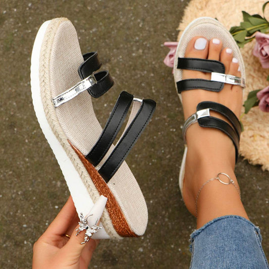 Colorblock-strap Wedges Sandals Summer Fashion Hemp Heel Slides Slippers Outdoor Thick Bottom Fish Mouth Shoes For Women - Mubimart