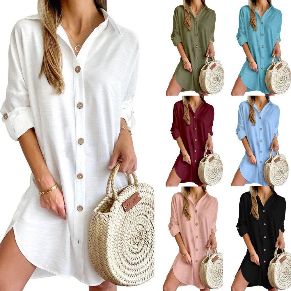 Autumn Leisure Long Sleeve Lapel Button Shirt Dress Womens Clothing - Mubimart