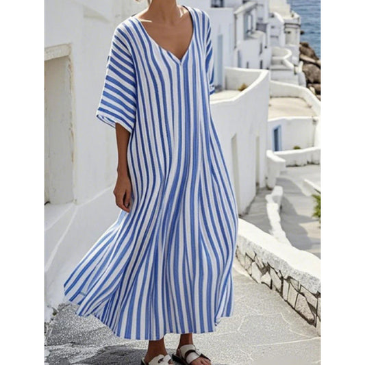 Fashionable Womens Striped-Neck Short-Sleeve Loose Plus-Size Dress