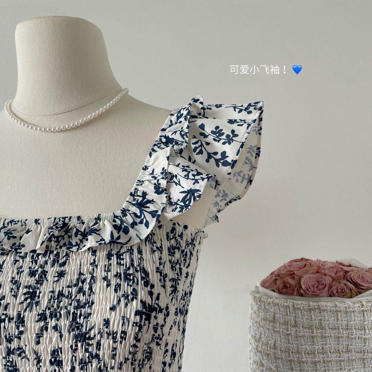 Blue Floral Slip Dress Flying Sleeve Vacation Dress - Mubimart