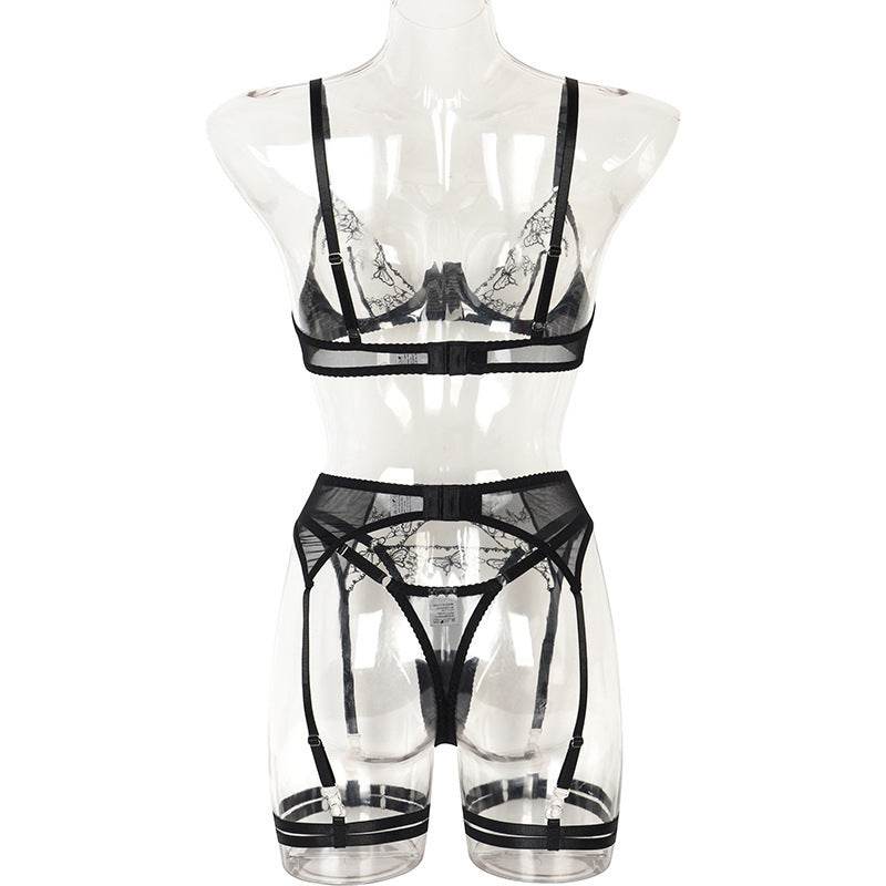 Embroidery Splicing Underwear And Garter Belt Set O - Mubimart