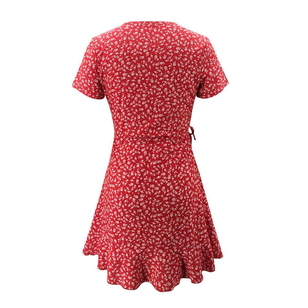 European And American Summer V-neck Ruffled Lace A-line Slim Dress - Mubimart
