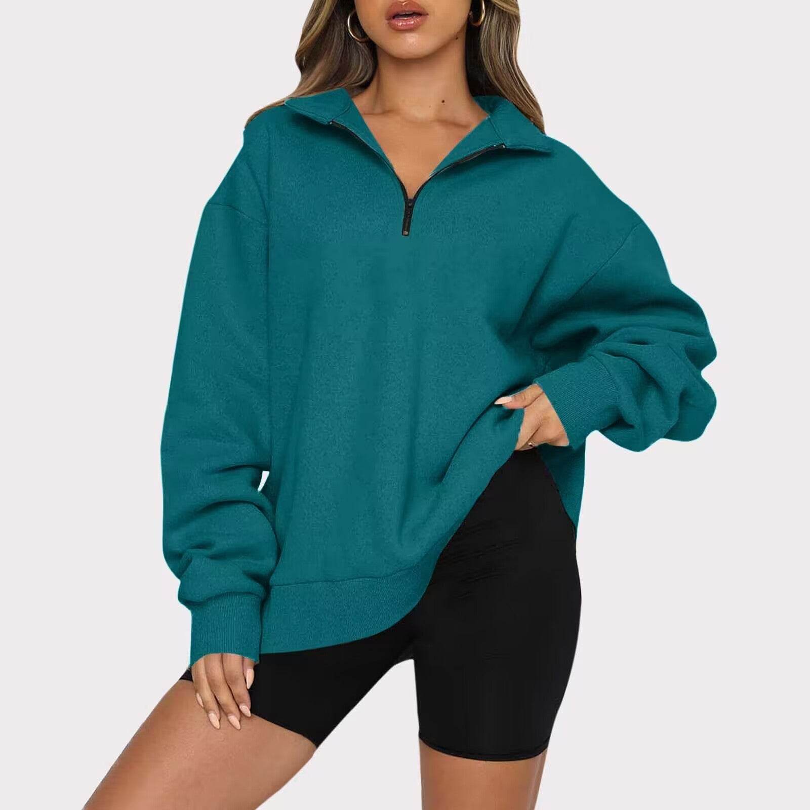 Women Sweatshirts Zip Turndown Collar Loose Casual Tops Clothes - Mubimart